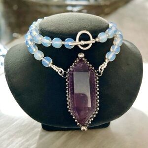 Amethyst , Herkimer diamonds crystal quartz & blue opalite beads boho necklace